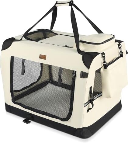 VOUNOT Trasportino per Cani Gatti Borsa da Trasporto Cane con Materasso Morbido Striscia Riflettente, Box Scatola Pieghevole Viaggio per Animali Domestici, Portabile Traspirante, (L) 70x52x52cm Beige