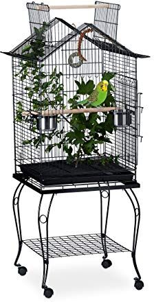 Relaxdays Aviary with Play Top Voliera con Posatoio Esterno, Ripiano, con Rotelle, Gabbia XXL, Gambe Arcuate, HLP 140x62x59 cm, Nero