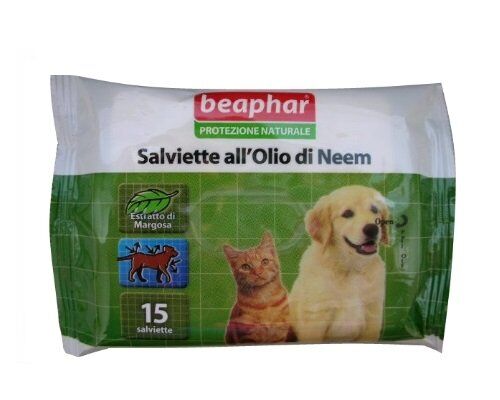 Beaphar Salviette  all'Olio di Neem 15 pz Salviettine detergenti naturali, profumate con estratto di margosa, per cani, gatti e cuccioli