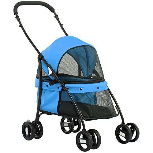 PawHut Passeggino per Cani Pieghevole con Tettuccio Regolabile, Borsa e 4 Ruote Girevoli (2 con freno), 82x47x97cm, Blu