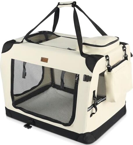 VOUNOT Trasportino per Cani Gatti Borsa da Trasporto Cane con Materasso Morbido Striscia Riflettente, Box Scatola Pieghevole Viaggio per Animali Domestici, Portabile Traspirante, (XL) 82x60x60cm Beige