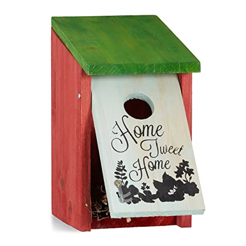 Relaxdays Nido Artificiale Casetta Uccelli HOME TWEET HOME Legno, da Appendere Decorativo HLP: 21,5 x 12 x 15,2 cm Rosso Verde