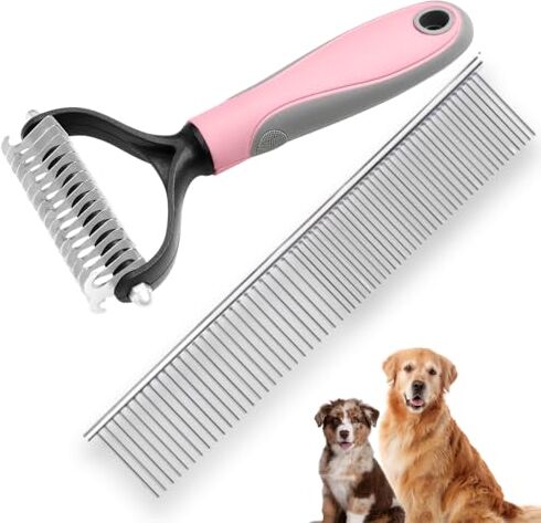 Generic Set per la toelettatura dei peli degli animali domestici, rastrello e pettine in acciaio inox per cani e gatti (rosa)