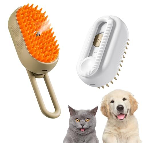 Generic Steamy Brush Pro, 3 In 1 Steamy Pet Brush, 360° Swivel Handle, Pet Spray Massage Comb for Cats and Dogs, One-Click Spray Anti-Flying Comb, Bath Brush (White+Brown)