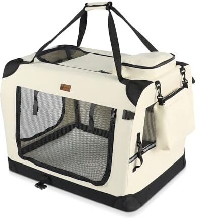 VOUNOT Trasportino per Cani Gatti Borsa da Trasporto Cane con Materasso Morbido Striscia Riflettente, Box Scatola Pieghevole Viaggio per Animali Domestici, Portabile Traspirante, (M) 60x44x44cm Beige