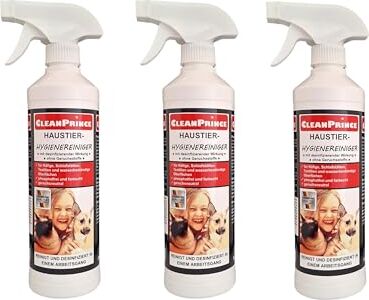 CleanPrince Detergente igienico per animali domestici, 3 x 500 ml, disinfettante, per il trasporto di gabbie, lettiera per conigli, spray per la pulizia degli odori