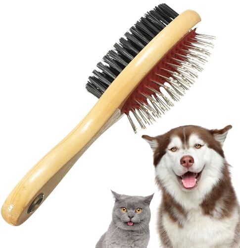 Generic Spazzola per cani in legno per toelettatura a doppia faccia spazzole per toelettatura peli di animali domestici spargimento messaggi e pulizia 2 in 1 spazzola per cani e gatti a pelo lungo o corto