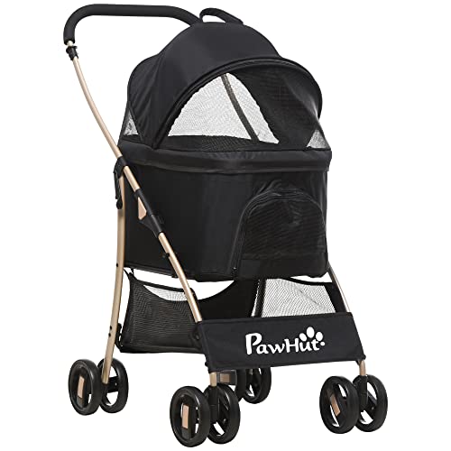 PawHut Passeggino per Cani Pieghevole con Trasportino Rimovibile, Tettuccio e Ruote Girevoli, 82x49.5x98cm, Nero