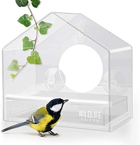 WILDLIFE FRIEND Mangiatoia Uccellini da Esterno – Con Ventose per Attaccarla alla Finestra Resistente ad Acqua e Intemperie Realizzata in Plastica Dura – 18x20x11 cm Trasparente