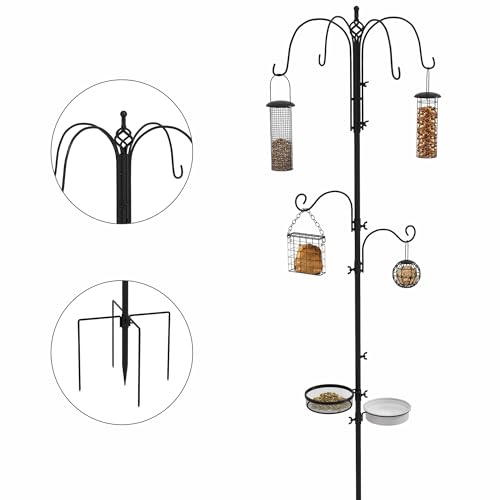 PawHut Mangiatoia per Uccelli con 6 Ganci e 4 Contenitori per Mangime, Stazione di Ristoro in Acciaio, Altezza 226cm, Nero