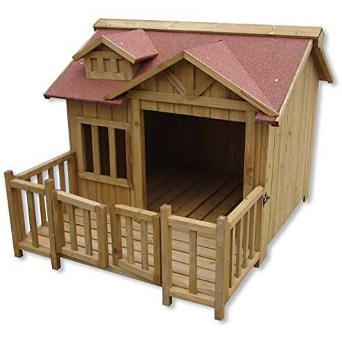 Wiltec Cuccia e capanna per cani di lusso XL Terrazza in legno e porta a lamelle Legno massiccio