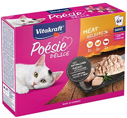 Vitakraft Cibo gatto "Poesia" Cibo umido completo per gatti A base di carne in salsa (pollo, Tacchino, manzo) 6 bustine da 85 g, 510 g (confezione da 1)