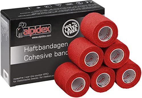 ALPIDEX 6 Rotoli Benda Adesiva 5 cm x 4,5 m Molti Colori Bendaggio Coesivo Fasciatura Personi Animali Garza Elastica Autoadesivo Cavalli Cani Umani, Colore:rosso