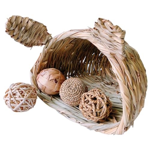 yeeplant Letto da allevamento a forma di coniglietto intrecciato a mano con palla di attività creativa e carina per pappagallo 4 pezzi