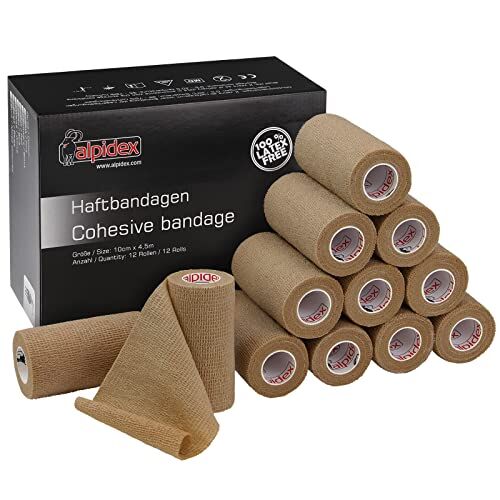 ALPIDEX 12 Rotoli Benda Adesiva 10 cm x 4,5 m Molti Colori Bendaggio Coesivo Fasciatura Personi Animali Garza Elastica Autoadesivo Cavalli Cani Umani, Colore:beige