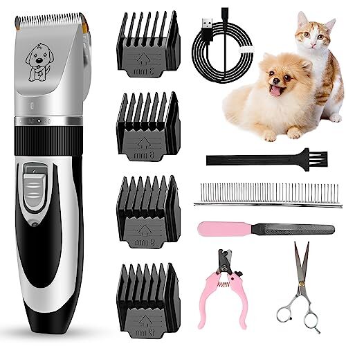 CKCLR Tosatrice per Cani Professionale, Tagliacapelli Animali Gatto 11PCS Ricaricabile Tosatore Elettrico, 3H di Orario di Lavoro Continuo, 60DB Basso Rumore per cani, gatti, animali domestici(Silver+Black)