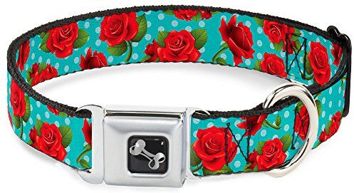 Buckle-Down Collare per Cani con Fibbia per Cintura di Sicurezza, Motivo: Rose Rosse e Pois Turchese, Larghezza 3,8 cm, Adatto per Collo da 45,7 a 81,3 cm, Taglia L