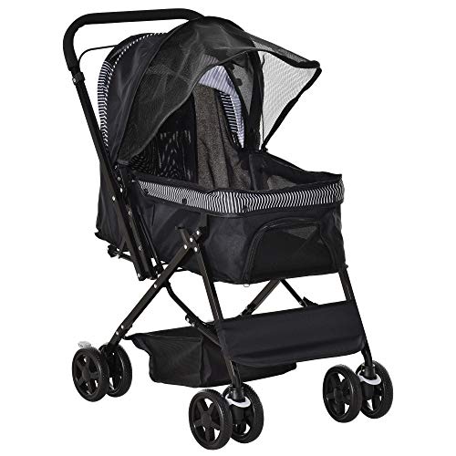 PawHut Passeggino per Cani Piccoli Pieghevole con Maniglione Girevole Ruote con Freni in EVA e Cestino Portaoggetti 76.5x52x95cm Nero