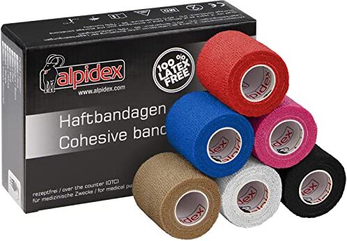 ALPIDEX 6 Rotoli Benda Adesiva 5 cm x 4,5 m Molti Colori Bendaggio Coesivo Fasciatura Personi Animali Garza Elastica Autoadesivo Cavalli Cani Umani, Colore:misto