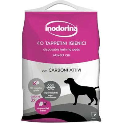 Inodorina Tappetini igienici per Cani (60x60 cm, 40 Pezzi) – Traversine con Carboni Attivi Super assorbenti in Pura cellulosa Vergine – con polimeri Odor Control e Sticker Antiscivolo Inodorina Tappetini igienici per Cani (60x60 cm, 40 Pezzi) – Traversine con Carboni Attivi Super assorbenti in Pura cellulosa Vergine – con polimeri Odor Control e Sticker Antiscivolo