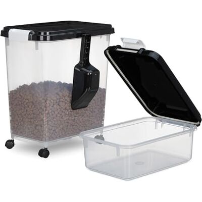 Relaxdays Scatola per Crocchette Cane, Set 2 Contenitori Cibo Animali, 10L e 30L, Rotelle e Paletta, Trasparente Nero Relaxdays Scatola per Crocchette Cane, Set 2 Contenitori Cibo Animali, 10L e 30L, Rotelle e Paletta, Trasparente Nero