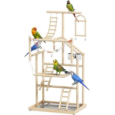 PawHut Trespolo per Pappagalli, Parco Giochi per Uccelli, Legno Naturale Scale, Catene, Ciotole, Vassoio Rimovibile, Posatoi, per Parrocchetti, Cocorite e Conuri PawHut Trespolo per Pappagalli, Parco Giochi per Uccelli, Legno Naturale Scale, Catene, Ciotole, Vassoio Rimovibile, Posatoi, per Parrocchetti, Cocorite e Conuri