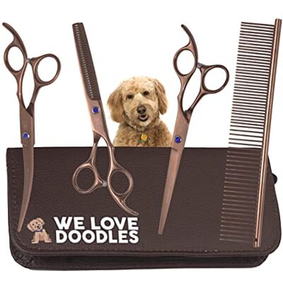 We Love Doodles Kit di forbici per la toelettatura del cane, migliori strumenti per Goldendoodles, barboncini e scarabocchi – Forbici dritte, curve e sfoltire, kit per la toelettatura di scarabocchi dorati, acciaio We Love Doodles Kit di forbici per la toelettatura del cane, migliori strumenti per Goldendoodles, barboncini e scarabocchi – Forbici dritte, curve e sfoltire, kit per la toelettatura di scarabocchi dorati, acciaio