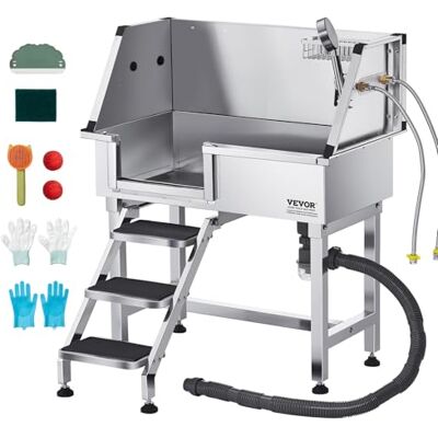 VEVOR Stazione di Lavaggio per Cani in Acciaio Inox, Vasca per Toelettatura per Animali Domestici di Media e Piccola Taglia da 86,36 cm con Scale di Stoccaggio, Rubinetto, Porta Sapone, Porta Sinistra VEVOR Stazione di Lavaggio per Cani in Acciaio Inox, Vasca per Toelettatura per Animali Domestici di Media e Piccola Taglia da 86,36 cm con Scale di Stoccaggio, Rubinetto, Porta Sapone, Porta Sinistra