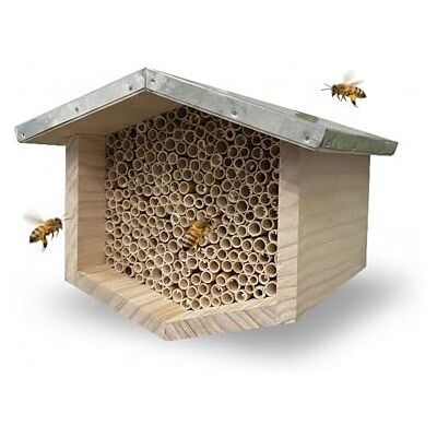 Relaxdays Hotel per api solitarie in Legno con Tetto zincato, canne di giunco, da Appendere, Naturale/Argento, 17x21,5x2 Relaxdays Hotel per api solitarie in Legno con Tetto zincato, canne di giunco, da Appendere, Naturale/Argento, 17x21,5x2