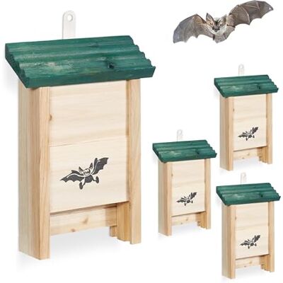 Relaxdays Casetta per Pipistrelli in Legno, Set da 4, Naturale/Verde, HBT: 25 x 18 x 6 cm Relaxdays Casetta per Pipistrelli in Legno, Set da 4, Naturale/Verde, HBT: 25 x 18 x 6 cm
