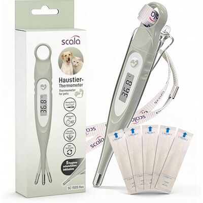 SCALA Termometro per animali domestici SC 1505 flex con punta flessibile per una misurazione particolarmente delicata, inclusi 5 coperchi protettivi igienici e anello di fissaggio SCALA Termometro per animali domestici SC 1505 flex con punta flessibile per una misurazione particolarmente delicata, inclusi 5 coperchi protettivi igienici e anello di fissaggio