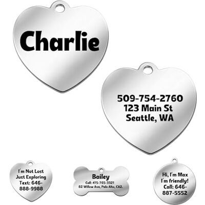 CWYW Medagliette Personalizzate per Cani e Gatti Acciaio Inossidabile Targhetta Cani Gatti Incisione anteriore e posteriore con fino a 6 linee di testo(Pacco di Cuore da 1) CWYW Medagliette Personalizzate per Cani e Gatti Acciaio Inossidabile Targhetta Cani Gatti Incisione anteriore e posteriore con fino a 6 linee di testo(Pacco di Cuore da 1)