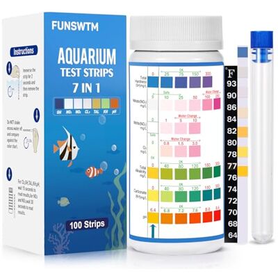 FUNSWTM Strisce reattive per acquari 7 in 1, kit per test per acquari, kit per test per acquari d'acqua dolce con acqua salata per pH, nitriti, nitrati, durezza, cloro, carbonato, alcalinità -100 strisce FUNSWTM Strisce reattive per acquari 7 in 1, kit per test per acquari, kit per test per acquari d'acqua dolce con acqua salata per pH, nitriti, nitrati, durezza, cloro, carbonato, alcalinità -100 strisce