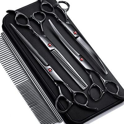 Gimars Set di forbici professionali 6 in 1 in acciaio inox da 17,8 cm, con rivestimento in titanio 4CR e diradamento e forbici curve e pettine per cani e gatti Gimars Set di forbici professionali 6 in 1 in acciaio inox da 17,8 cm, con rivestimento in titanio 4CR e diradamento e forbici curve e pettine per cani e gatti