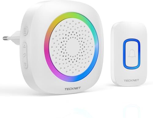 TECKNET Campanello Senza Fili da Esterno Impermeabile IP66, Portata 400M, 5 Livelli Volume 60 Melodie, RGB Campanello Wireless Esterno per Casa, Ufficio, Emergenza ecc