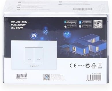 Aigostar Interruttore WiFi a Domotica, Smart Wall Switch Controllo Vocale Alexa, Two Gang One Way Switch, MAX.2300W LED 690W, Bianco