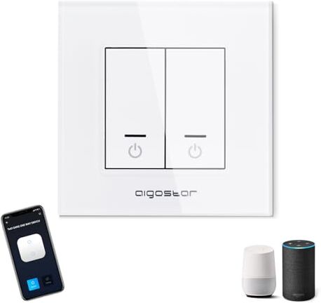 Aigostar Interruttore WiFi a Domotica, Smart Wall Switch Controllo Vocale Alexa, Two Gang One Way Switch, MAX.2300W LED 690W, Bianco 1 Unità.