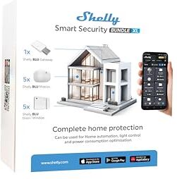 Shelly Smart Security Bundle XL   Pacchetto Sicurezza Intelligente   Dispositivi Bluetooth   Domotica   Nessun Hub richiesto   Lunga durata della batteria   Zone di allarme personalizzate