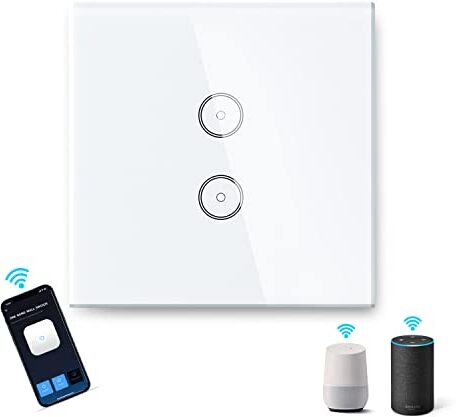 Aigostar Interruttore a Parete WIFI con Pannello in Vetro Touch Screen a 2 Interruttore, Compatibile con ALEXA e GOOGLE HOME, controllo vocale e funzione Timer 1 Pezzi Color Bianco