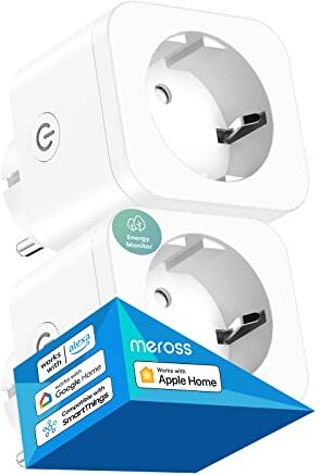 meross Presa Smart, Presa Intelligente con Monitoraggio Energia, Compatibile con Apple HomeKit, Alexa e Google Home, Presa WiFi Schuko Controllo Vocale e Remoto App, 3840W, 16A, 2,4GHz, 2 Pezzi