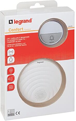 Legrand , set campanello wireless comfort 230 V con pulsante impermeabile (IP44), funzionamento a batteria, 1 gong con plug-in per prese elettriche, 15