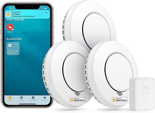 meross Rilevatore di fumo WiFi, Rilevatori di fumo per la casa, rilevatore di fumo intelligente con hub, compatibile con Apple HomeKit, con silenziosità e autotest, testato secondo EN 14604, Pezzo 3