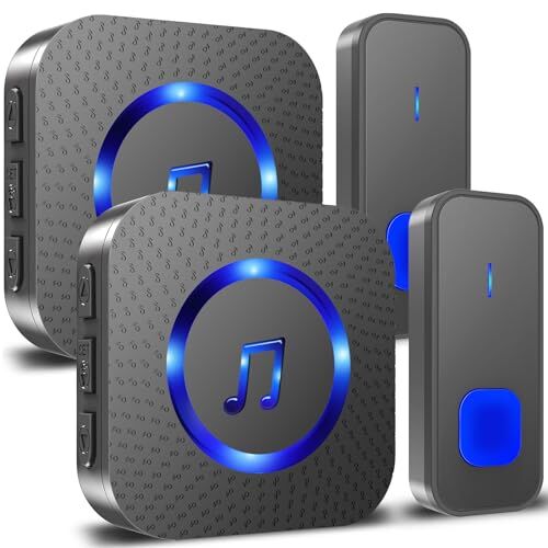 SURFOU Campanello Senza Fili, Wireless Impermeabile Doppio da Esterno Doorbell, Portata 400M, 2 Ricevitore con 2 Pulsanti Incluse per La Famiglia, 55 Suonerie, Indicatore LED, 5 Volume Regolabile, Nero