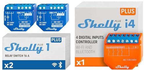 Shelly Plus 1, Relè interruttore intelligente, Confezione de 2, Wi-Fi & Bluetooth & Plus i4, Controllore Wi-Fi e Bluetooth Intelligente a 4 poli, Casa Domotica