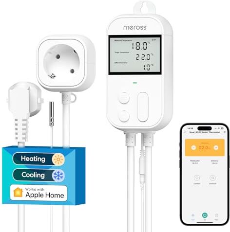 meross Presa Smart Termostato Temperatura per Apple HomeKit 16A, Termoregolatore Intelligente WiFi Digitale per Alexa e Google Home, per Homebrew, Allevamento, Serra, Controllo di App e Vocale