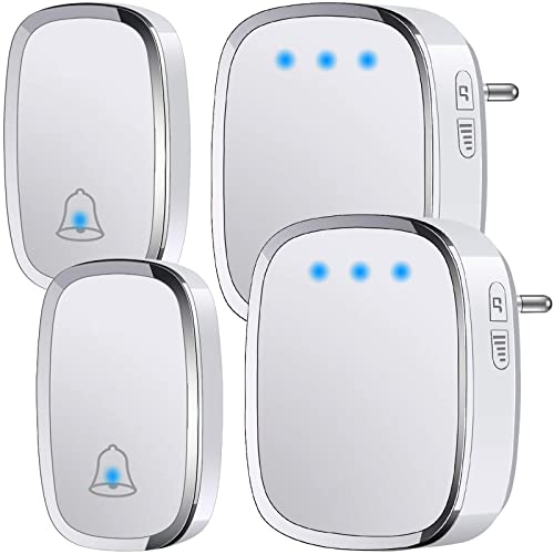 YYQ Campanello Senza Fili da Esterno Impermeabile IP44, Wireless Doorbell con Raggio d’Azione 300M, Indicatore LED, 2 Trasmettitori Pulsante e 2 Ricevitori, 5 Volume Regolabile, 36 Suonerie (Bianco)