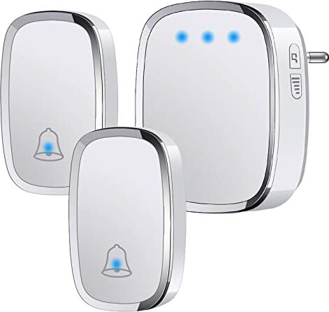 YYQ Campanello Senza Fili da Esterno Impermeabile IP44, Wireless Doorbell con Raggio d’Azione 300M, Indicatore LED, 2 Trasmettitori Pulsante e 1 Ricevitore, 5 Volume Regolabile, 36 Suonerie (Bianco)