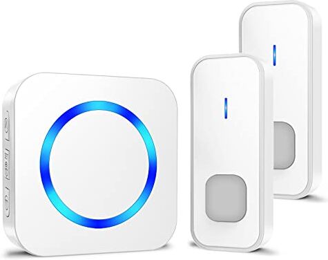 SURFOU Campanello Senza Fili da Esterno Impermeabile, Portata 400M, Wireless Doorbell Plug-in, con 2 Pulsanti Remoti, 55 Suonerie, 5 Volume regolabile, Indicatore LED Lampeggiante, Bianco