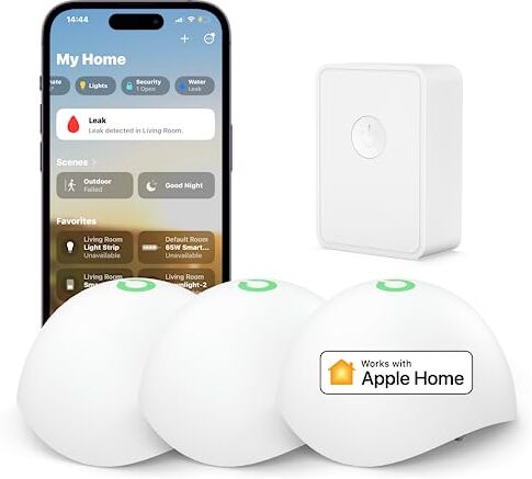 meross 3 Pezzi Rivelatore di Acqua con Alexa Intelligente per Apple Homekit, Sensore Acqua Con Hub WiFi Allarme Acqua Rivelatore Ip67, Allarme Audio Fino a 60db per Cucina, Bagno, Cantina