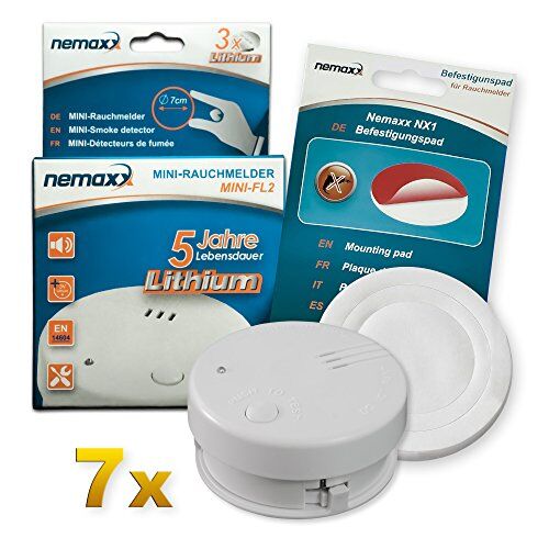 Nemaxx Mini-FL2-Mini rilevatore di Fumo e Incendio, di Alta qualità e discreto, con Batteria al Litio, Conforme a DIN EN 14604 + Tappetino di Fissaggio Quickfix NX1, Mini fl2, 7er-Set